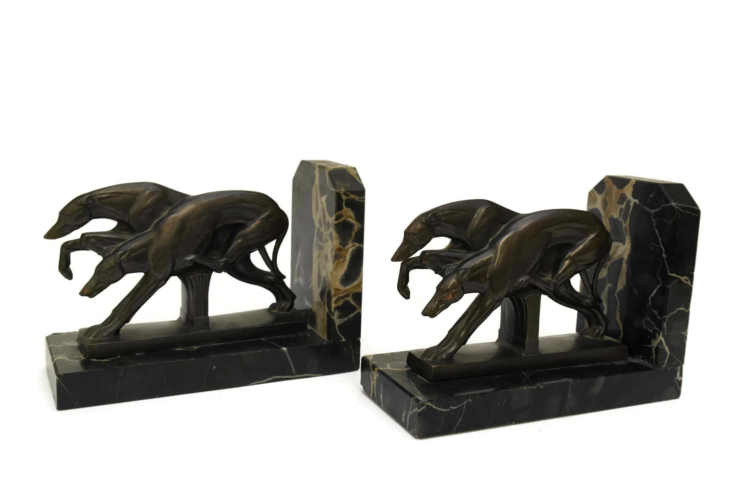 Art Deco Bookends with Racing Greyhound Dog Figurines. Vintage French