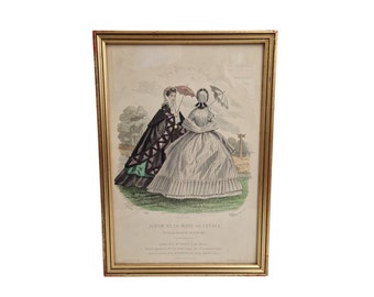 Antique French Fashion Illustration Engraving, 1862 La Mode Illustree, Framed Victorian Costume Dress Print