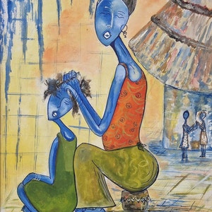 African Mother and Child Painting, Modernist Blue Women Wall Art image 2