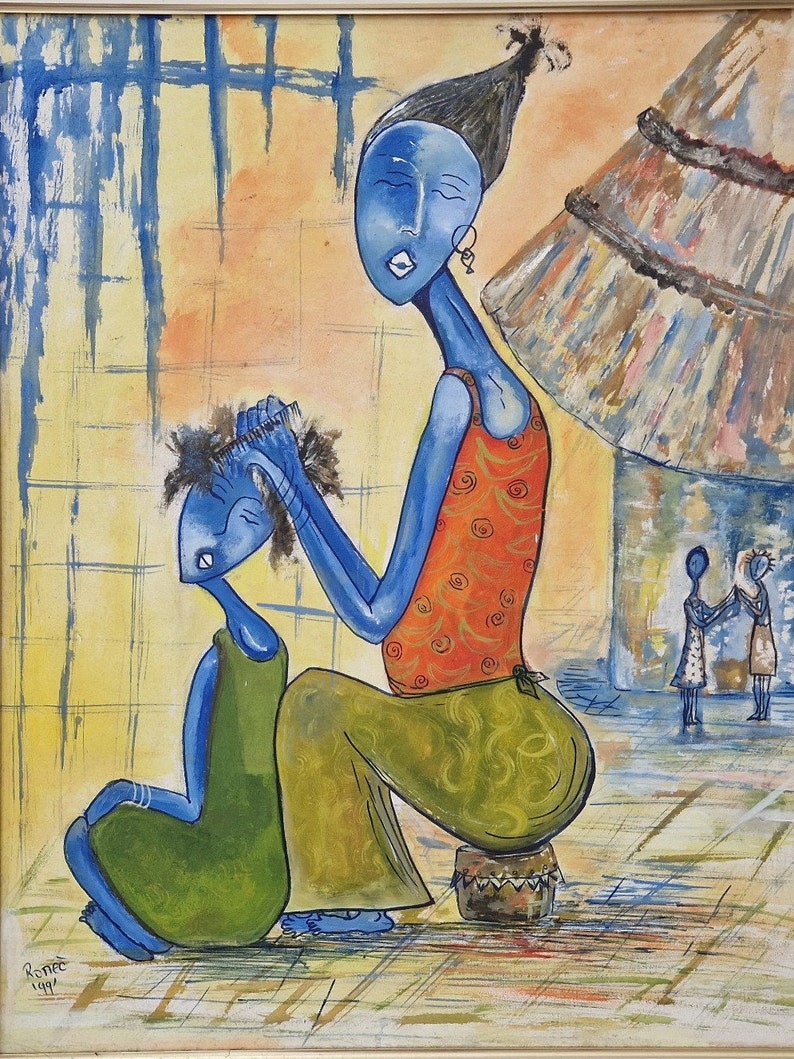 African Mother and Child Painting, Modernist Blue Women Wall Art image 2