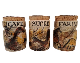 French Pottery Kitchen Canister Set with Cave Paintings of Prehistoric Animals, Set of 3, Flour, Sugar and Coffee Jars