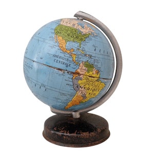 Mid Century Tin World Globe by Cartes Taride, Small Desk Top Earth Map image 1