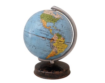 Mid Century Tin World Globe by Cartes Taride, Small Desk Top Earth Map