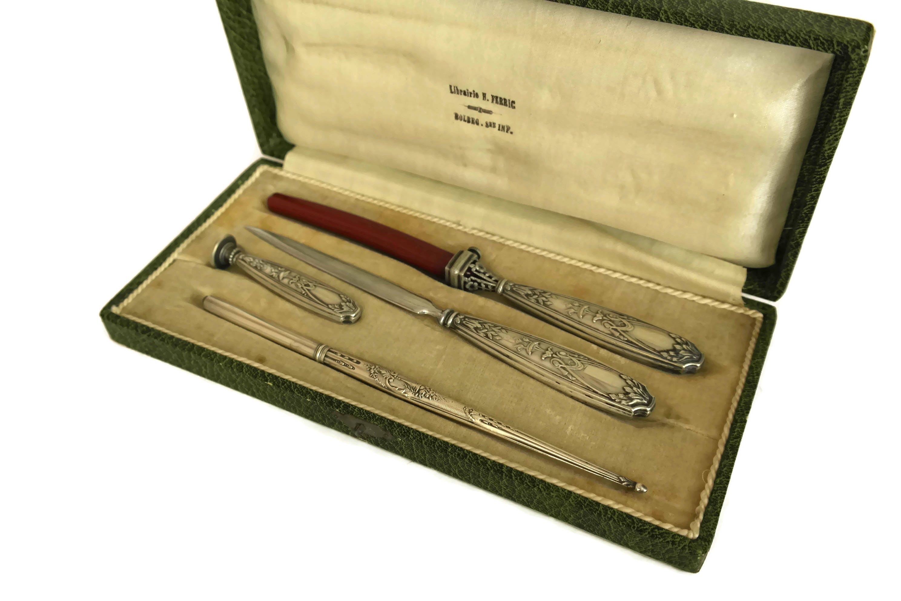 French Antique Silver Writing Set with Wax Seal Stamp, Letter Opener