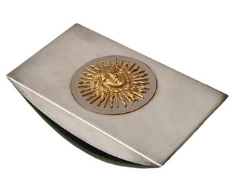 Louis XIV Style Ink Blotter with Sun King Face by Ravinet D'Enfert, 1970s French Silver and Gold Plated Desk Accessory