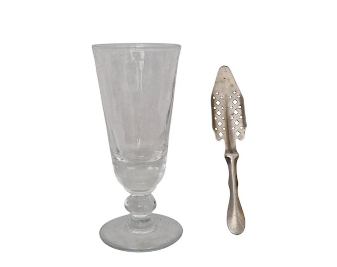 French Antique Absinthe Glass and Spoon Set, Collectible Glassware and Bar Gifts