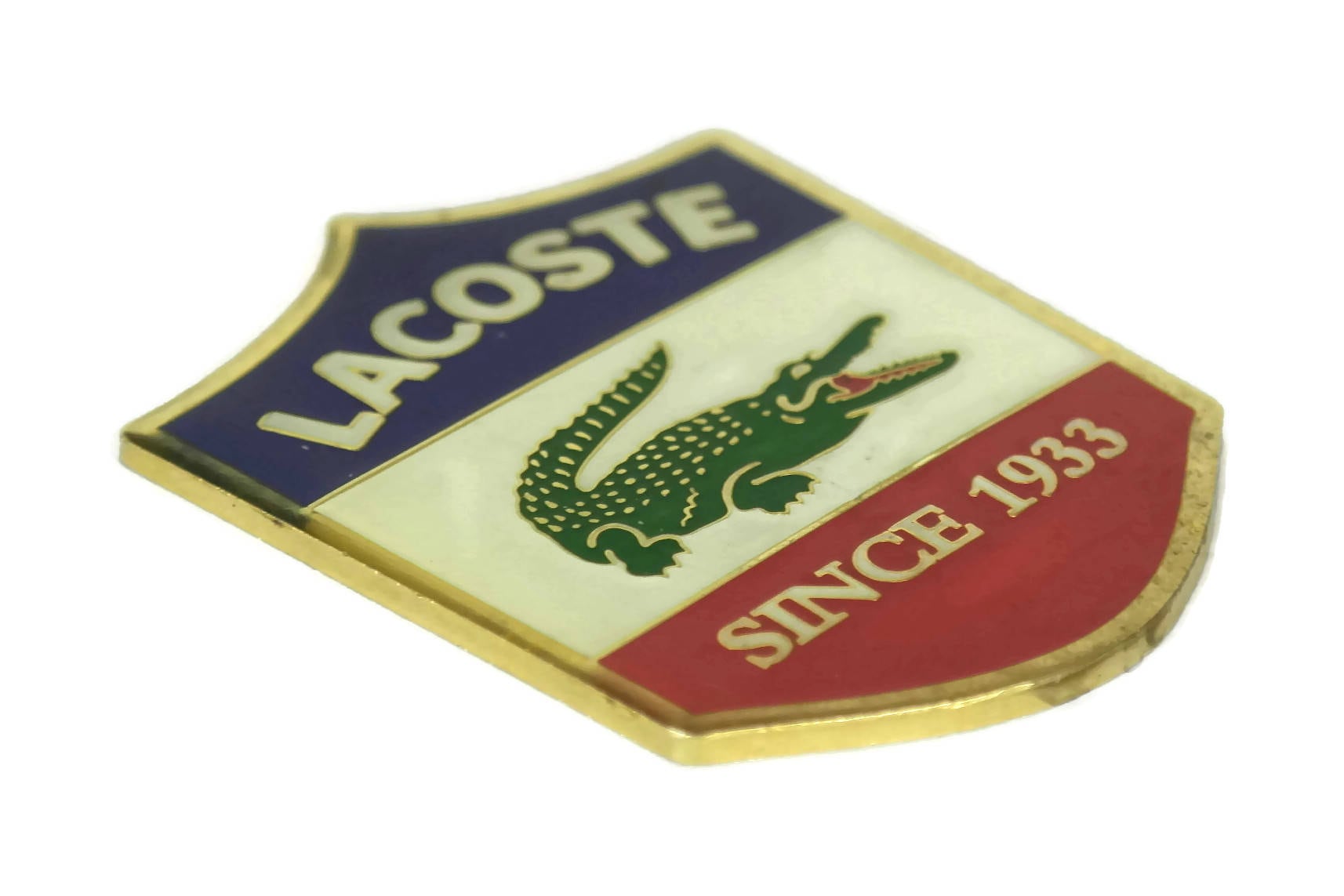 Vintage Lacoste Advertising with Crocodile. French Blue, White and Red Flag, Since Enamel Brass Shield. Fashion Sports Decor.