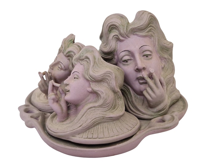 Schafer Vater  Smoking Set with Cigarette Holders and Tray, Art Nouveau Bisque Porcelain Women Figurines