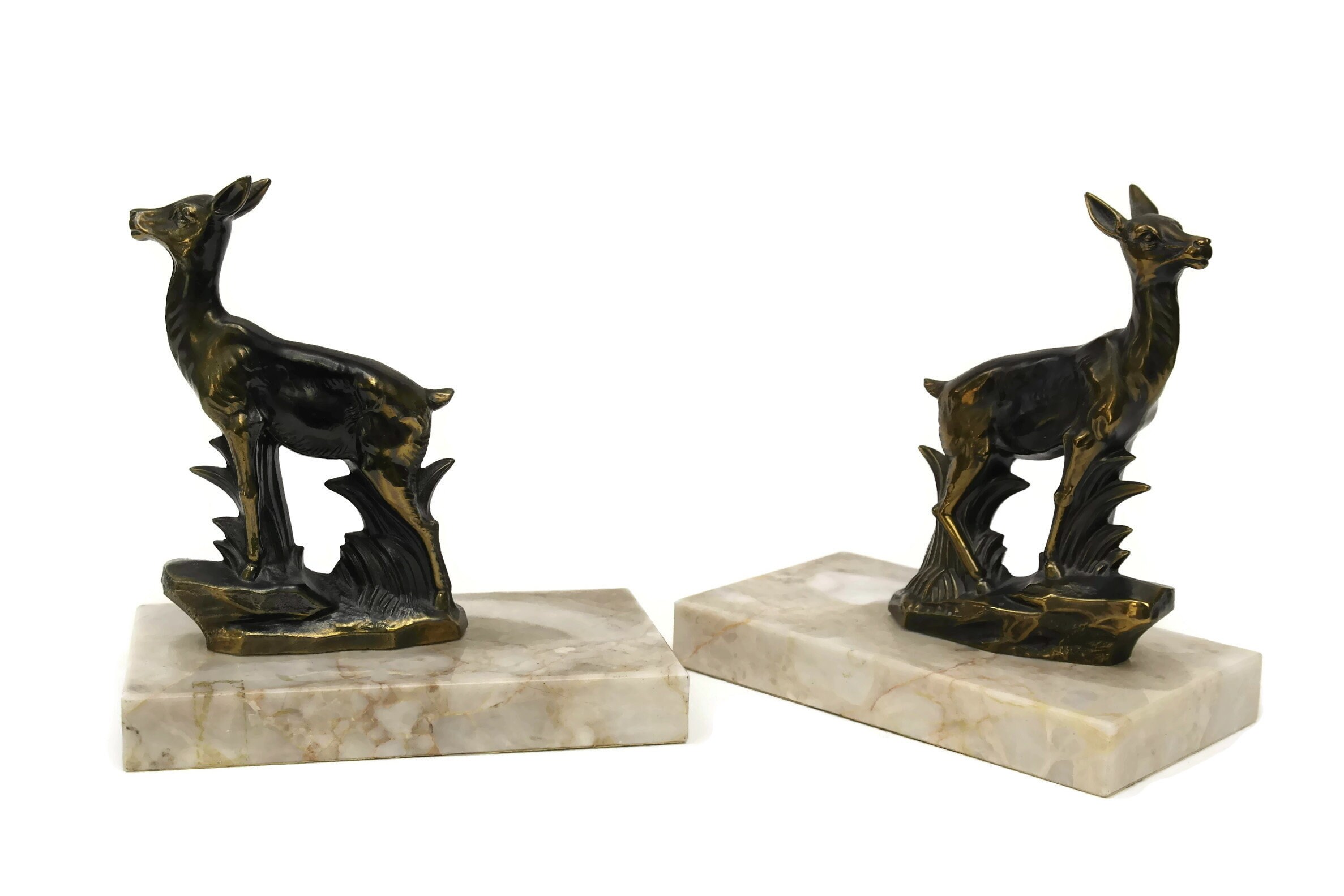 Art Deco Bookends with Deer Figurines, Vintage French Desk and Office