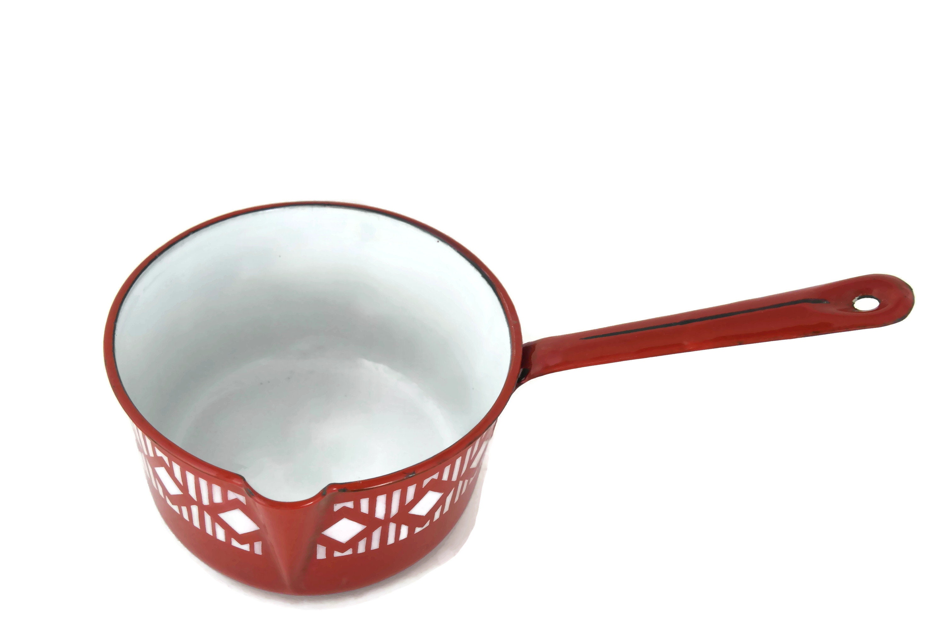 French Enamel Red Saucepan Set, Art Deco Kitchen Decor, Vintage Foodie