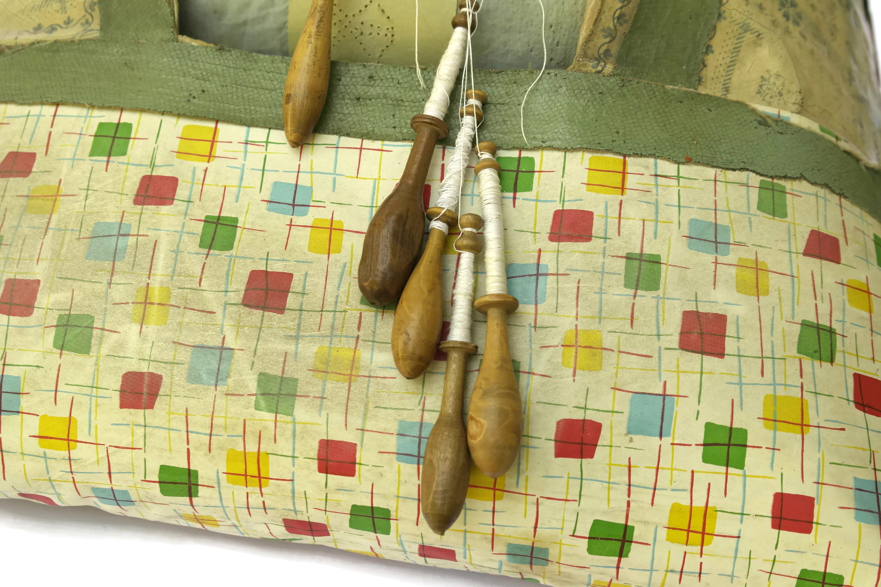 Antique French Lace Pillow with Wooden Lace Bobbins. Antique Bobbin