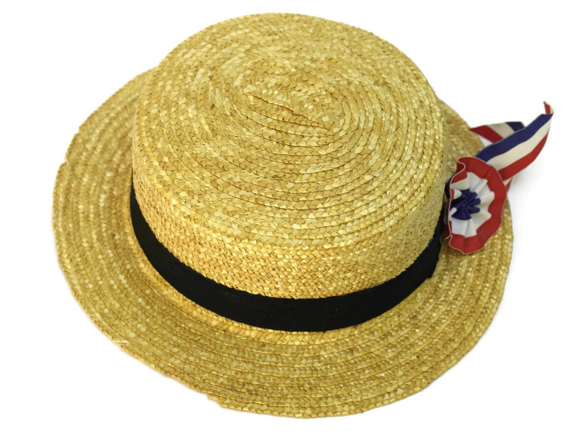 French Straw Boater Hat. Vintage Straw Hat with Bleu, Blanc, Rouge