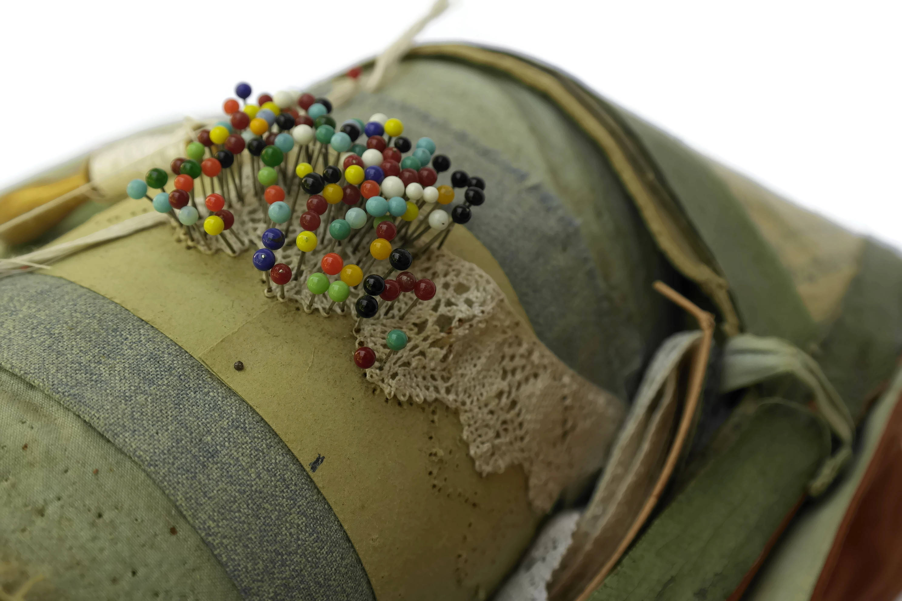 Antique French Lace Pillow with Wooden Lace Bobbins. Antique Bobbin