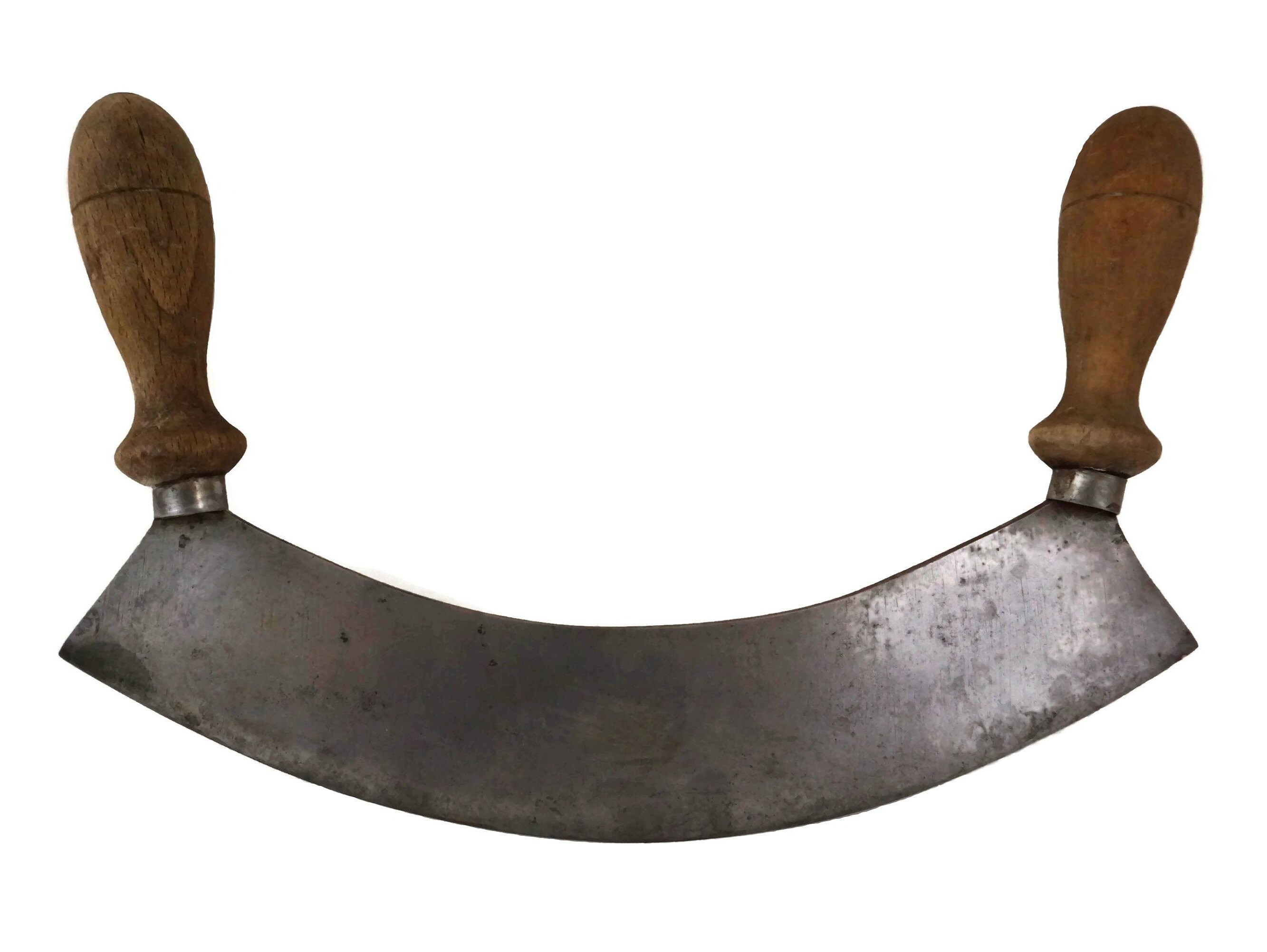 French Vintage Mezzaluna Herb Chopper, Round Knife, Rustic Kitchen