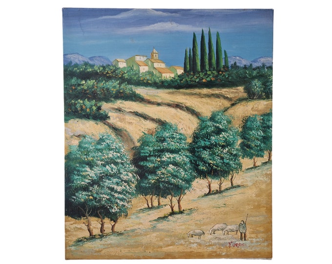 Provence Country Landscape Painting with Village and Shepherd, French Scenic Art