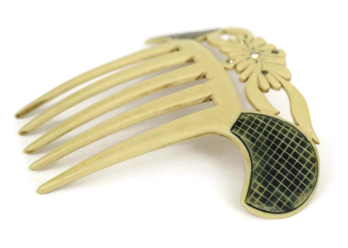 Antique Bone Hair Comb with Rhinestones. Mantilla Comb.