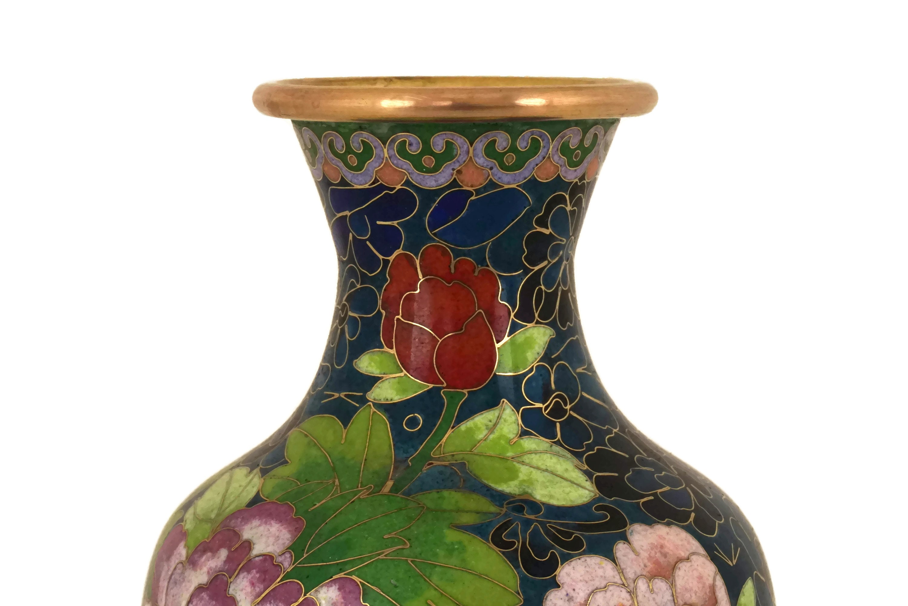 Vintage Cloisonne Vase with Peonies, Turquoise Blue Enamel and Brass