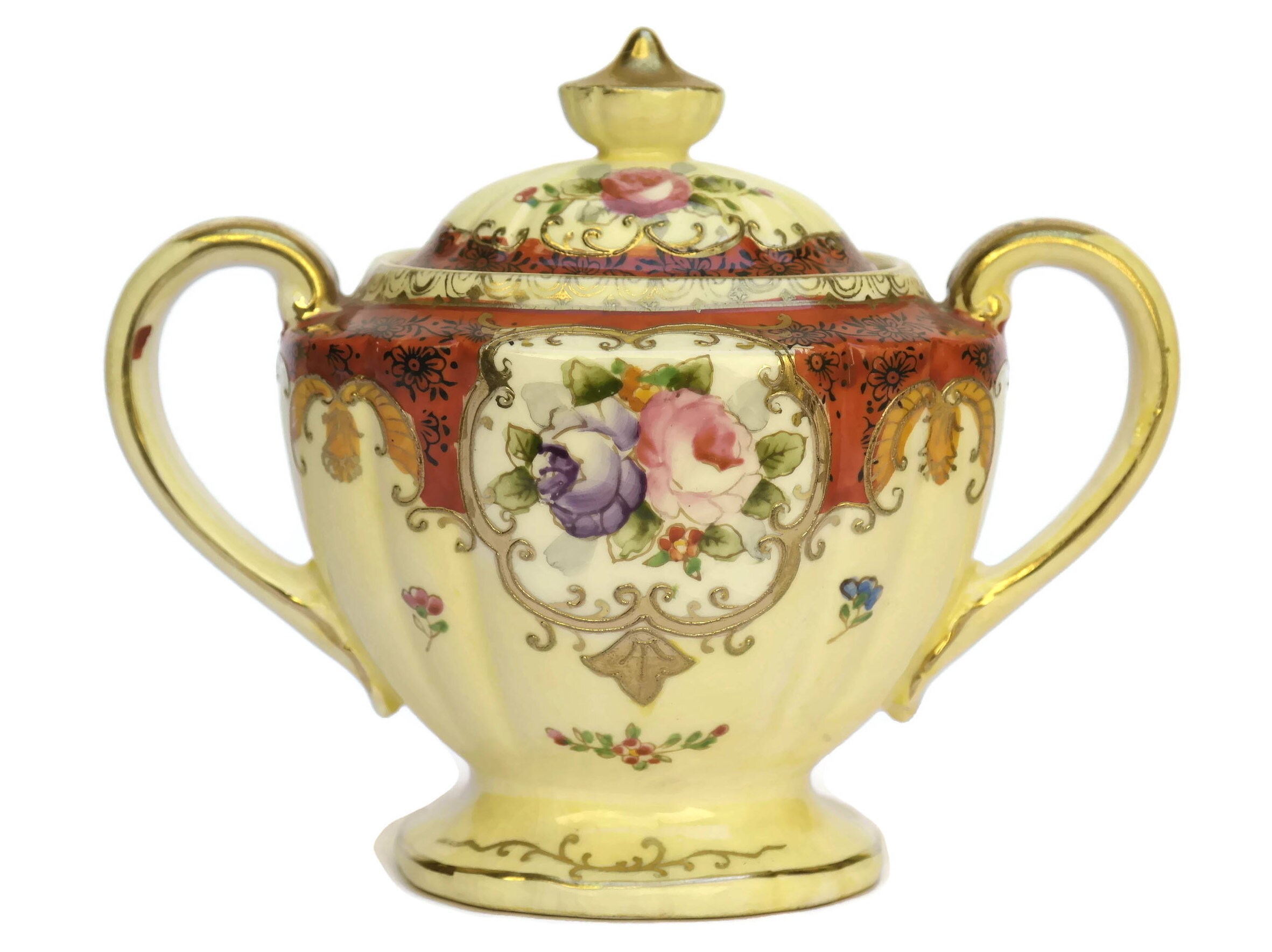 Antique French Rose HandPainted Ceramic Sugar Bowl. French Provincial