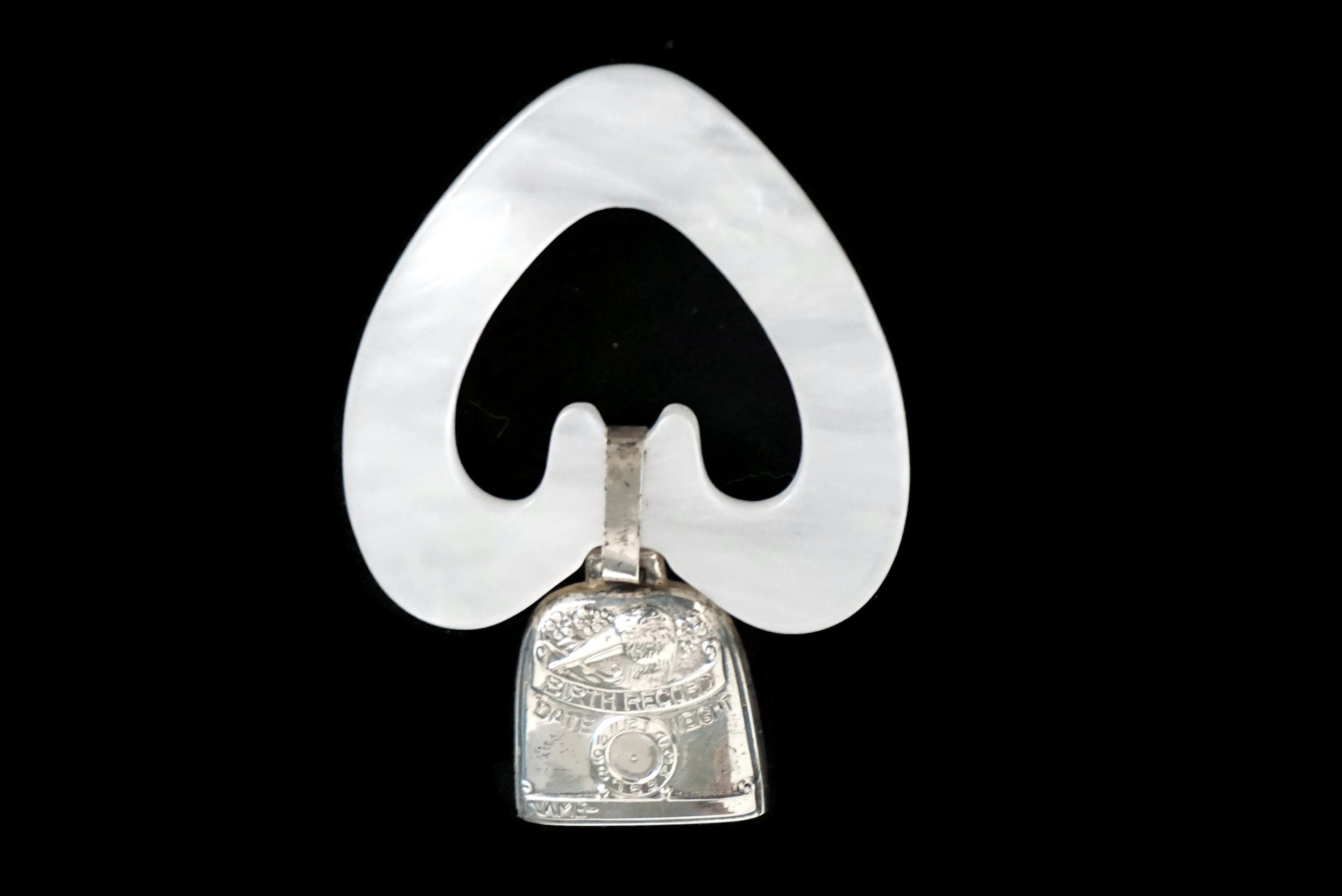 Sterling Silver Baby Rattle and Teething Ring with Birth Record and Stork