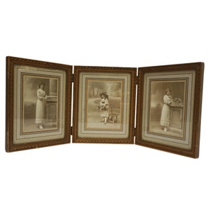 Edwardian Triptych Photo Frame, French Lady and Girl Portraits