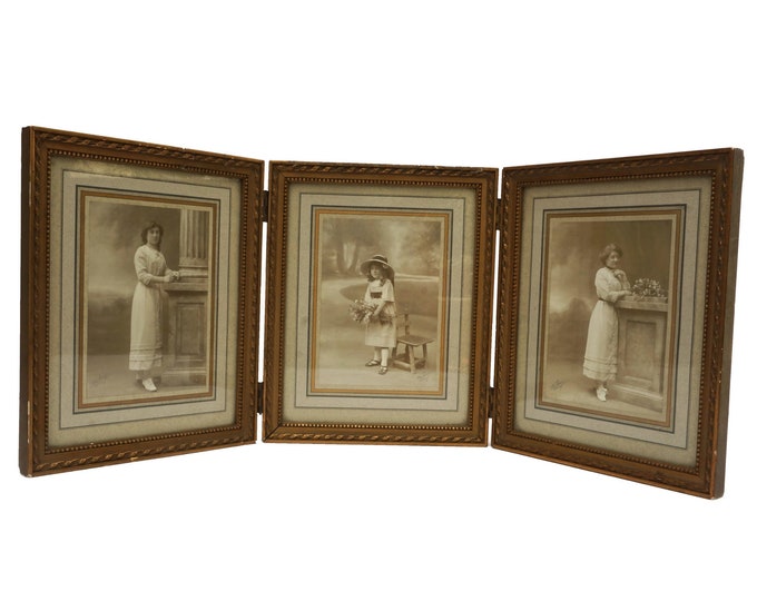 Edwardian Triptych Photo Frame, French Lady and Girl Portraits