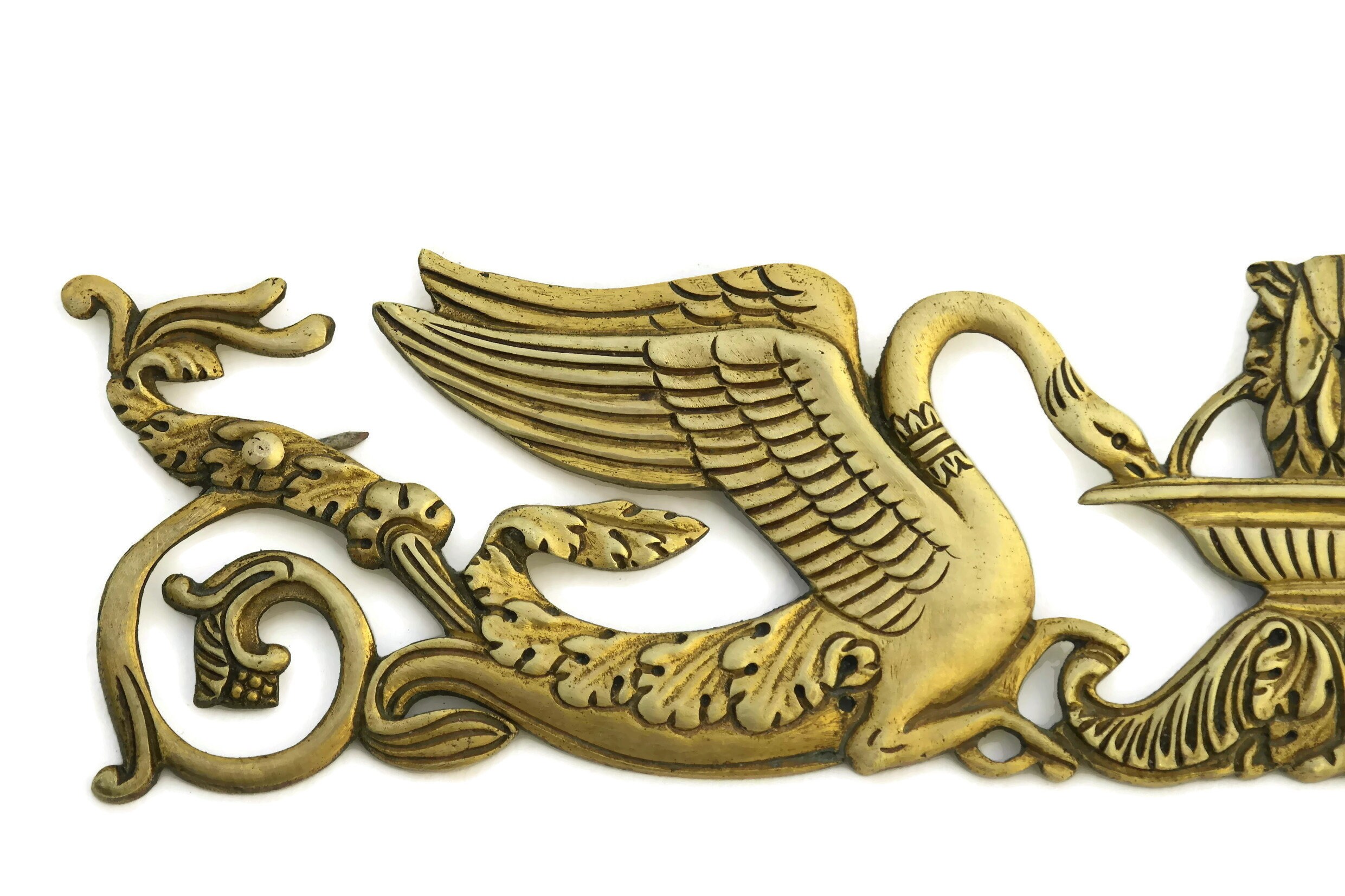 Antique Gilt Furniture Molding. French Bronze Ornament with Swans