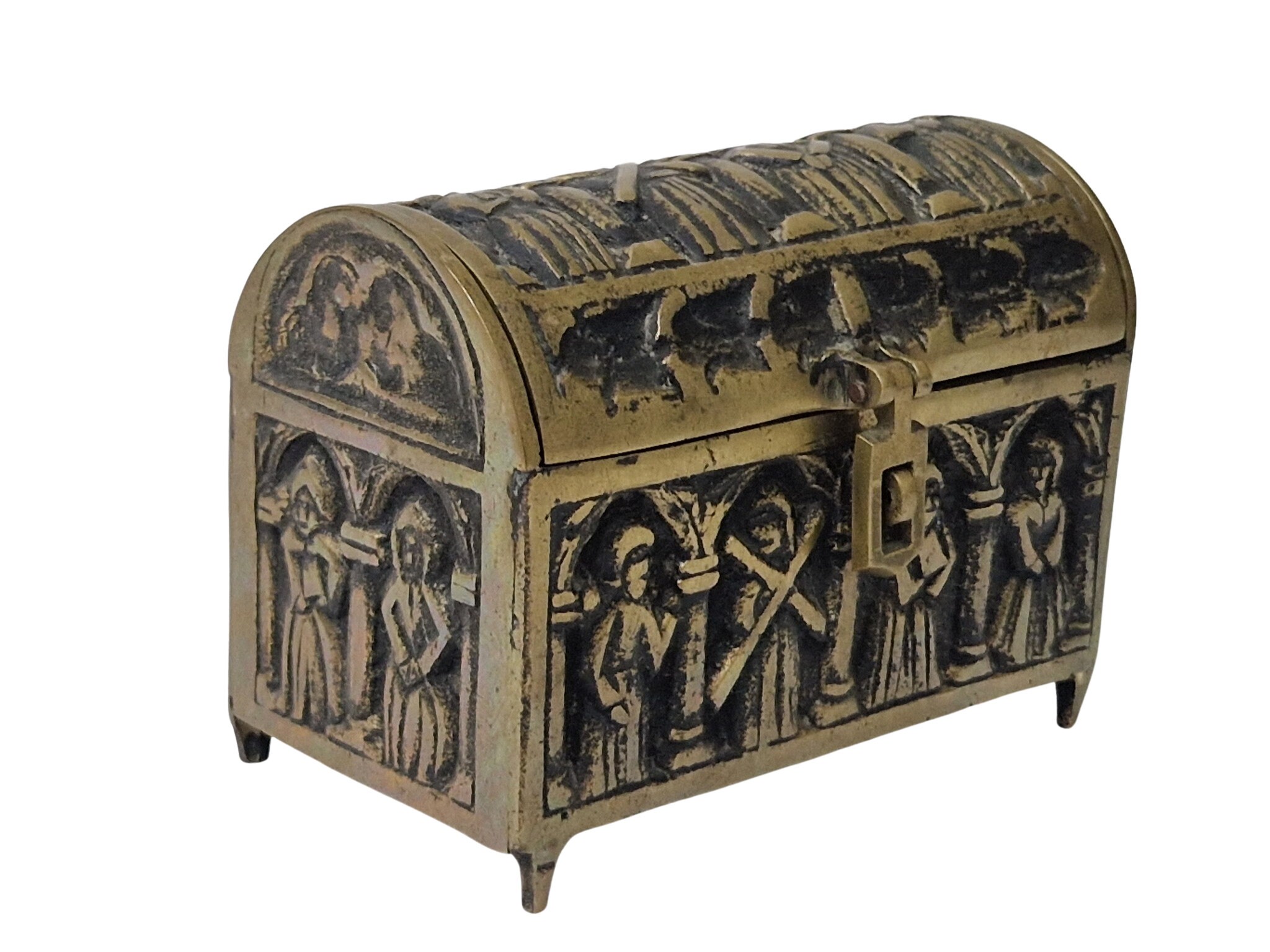 French Brass Gothic Jewelry Chest, Medieval Style Casket with Monks
