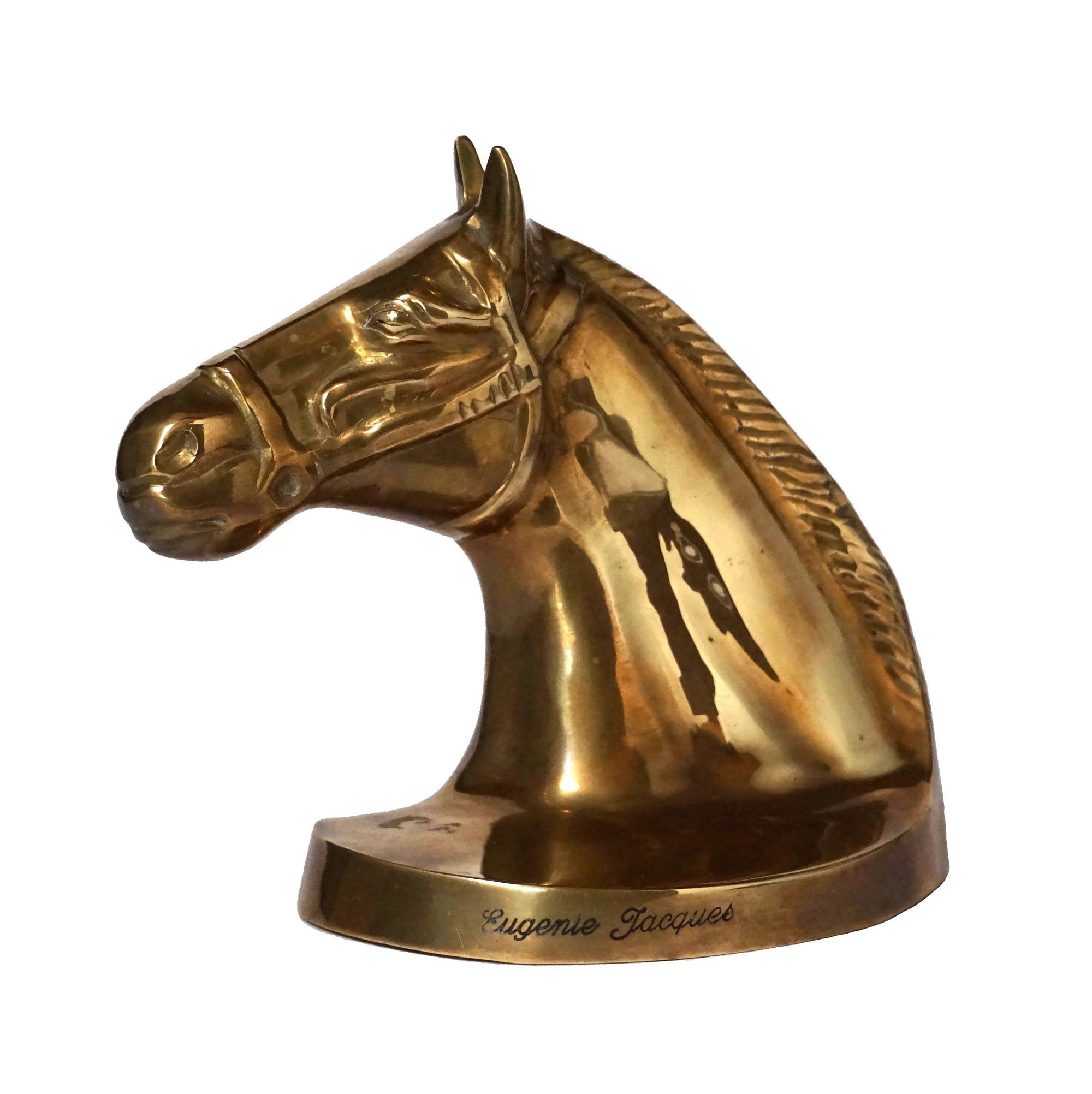 Vintage Brass Horse Head Statue, French Equestrian Trophy