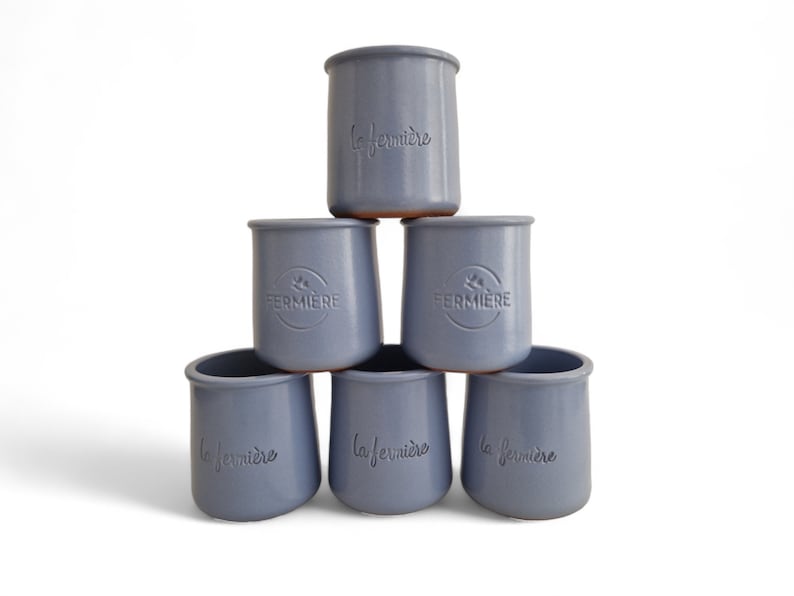 Vintage Lavender Terracotta Yoghurt Jars, Set of 6, French Glazed Stoneware Desserts Pots