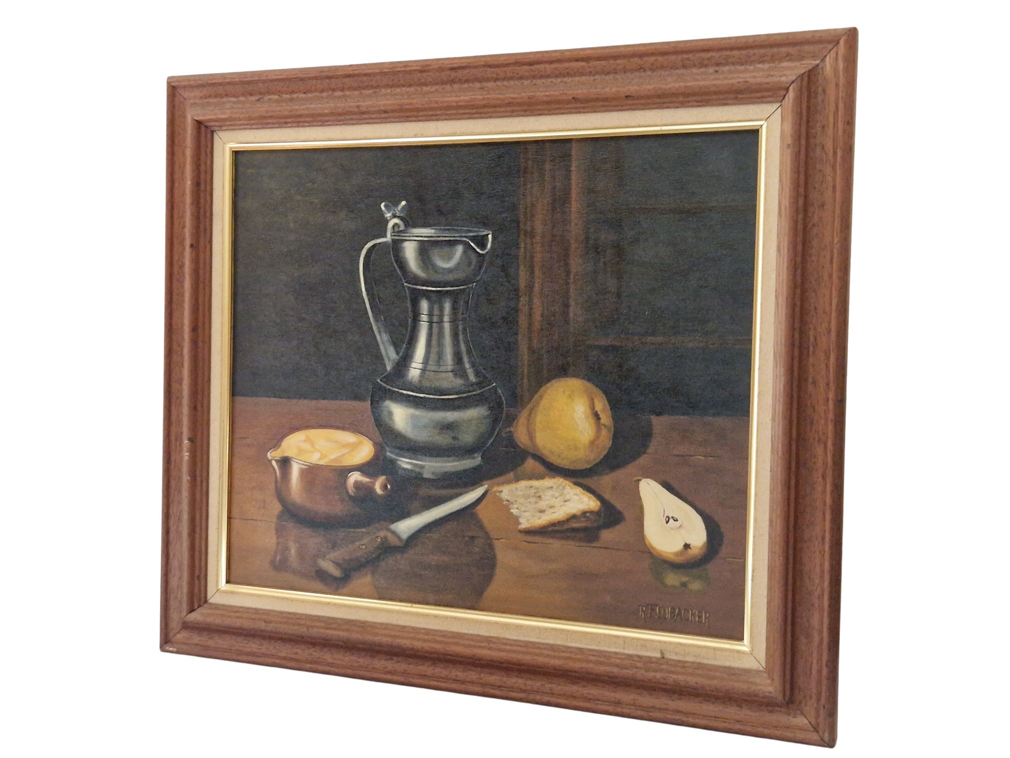 French Still Life Oil Painting with Pewter Pitcher, Fruit and Bread