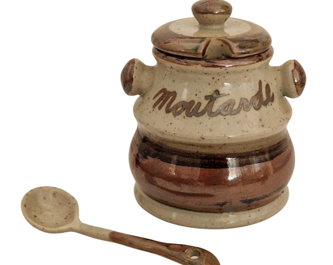 Earthenware French Mustard Pot with Spoon, Vintage Gres Paysan Pottery Condiment Jar