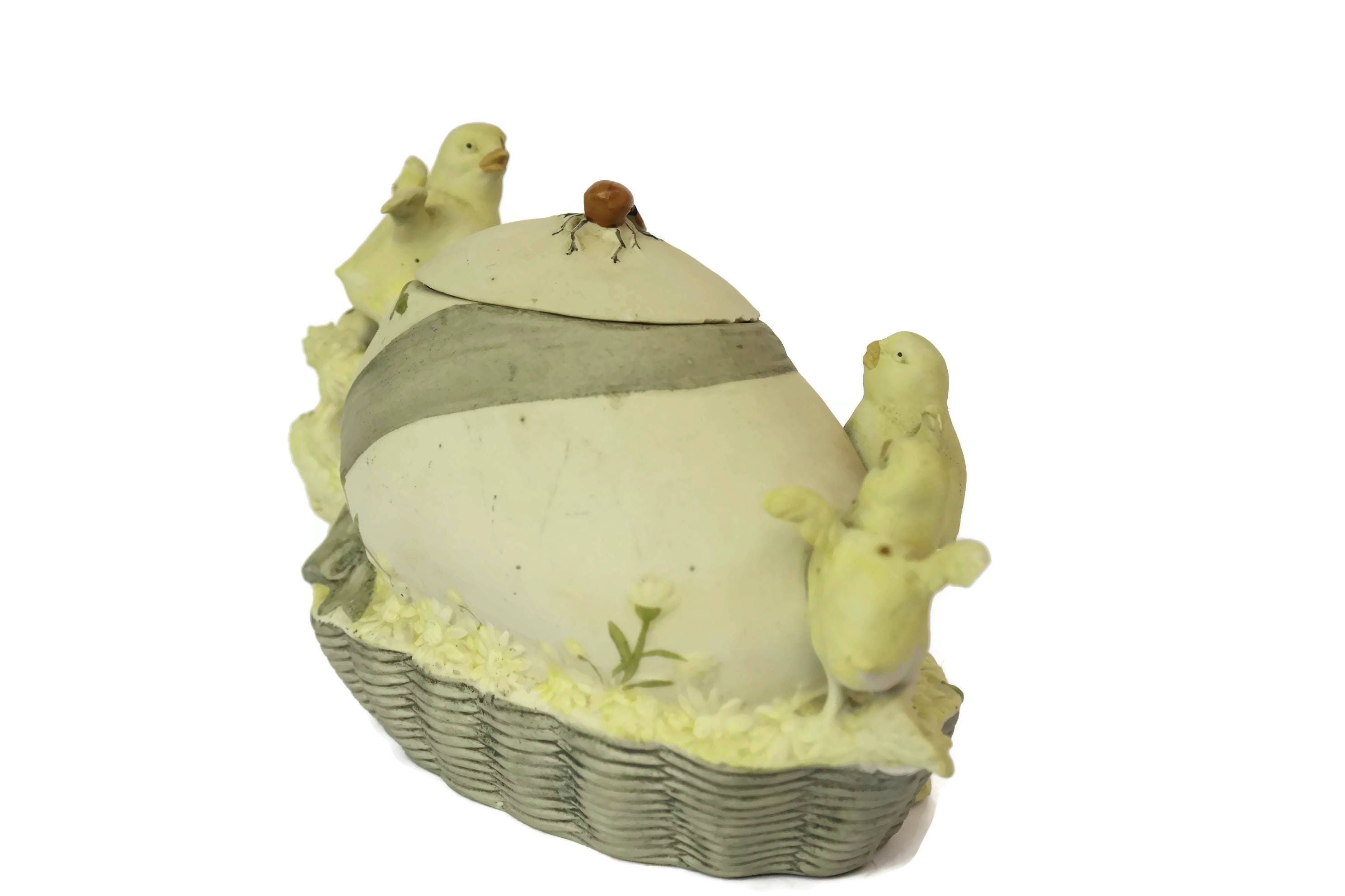 Porcelain Easter Egg Box with Chick Figures. Antique Bisque Trinket Box