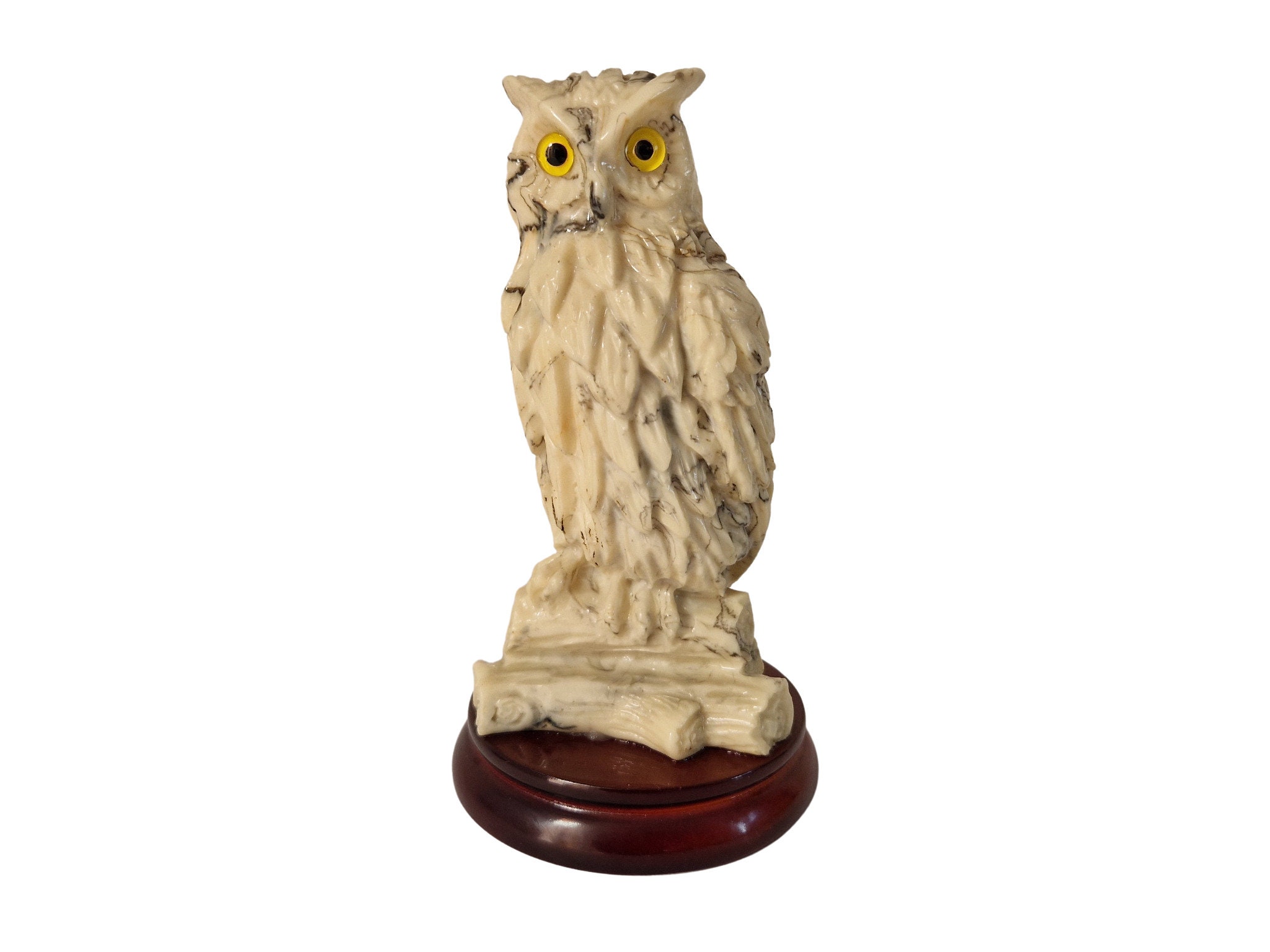 Resin Owl Figurine with Glass Eyes, Collectible Marble Effect Bird Statue