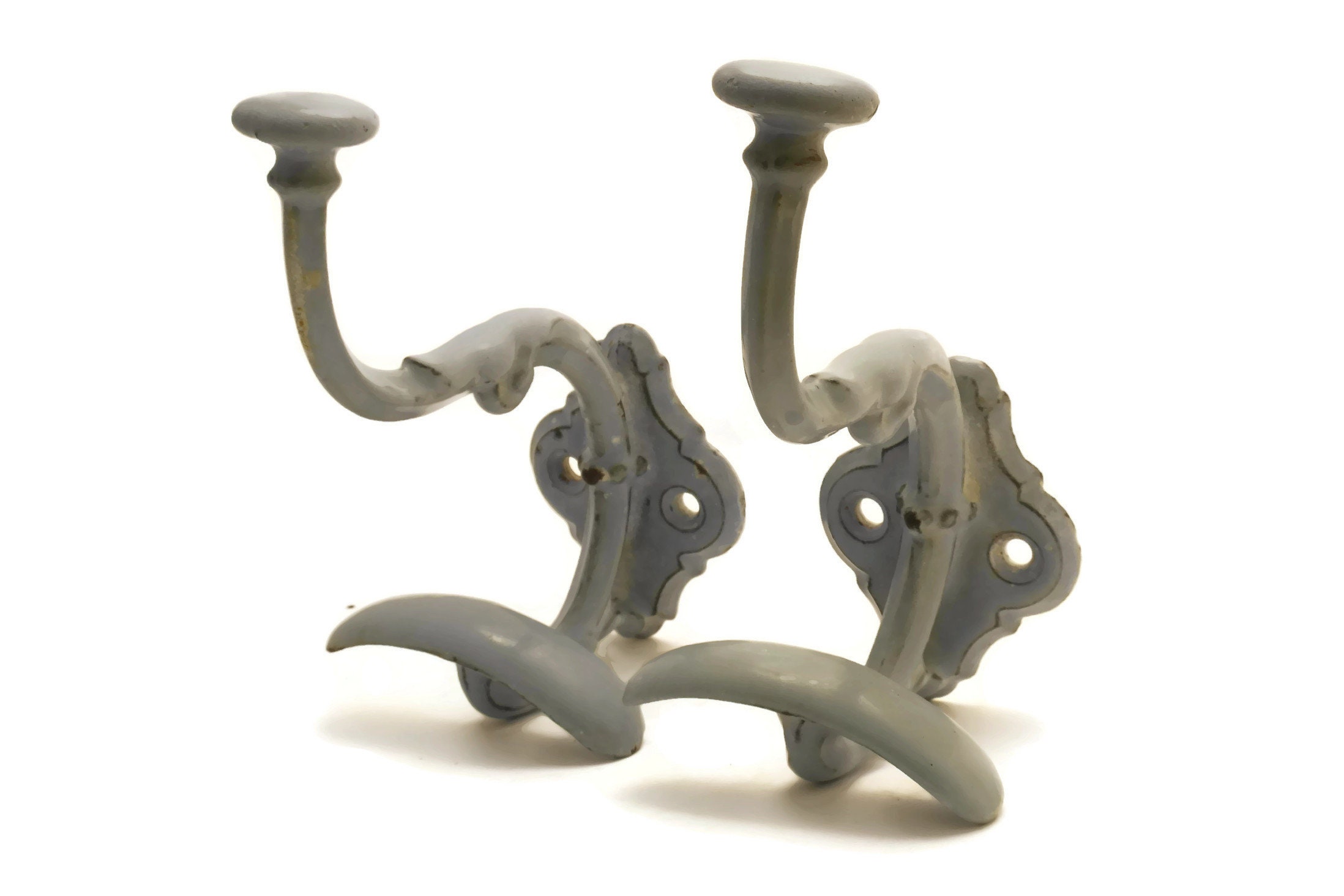 French Blue Enamel Coat Hooks Pair. Antique Shabby Home Decor. Rustic