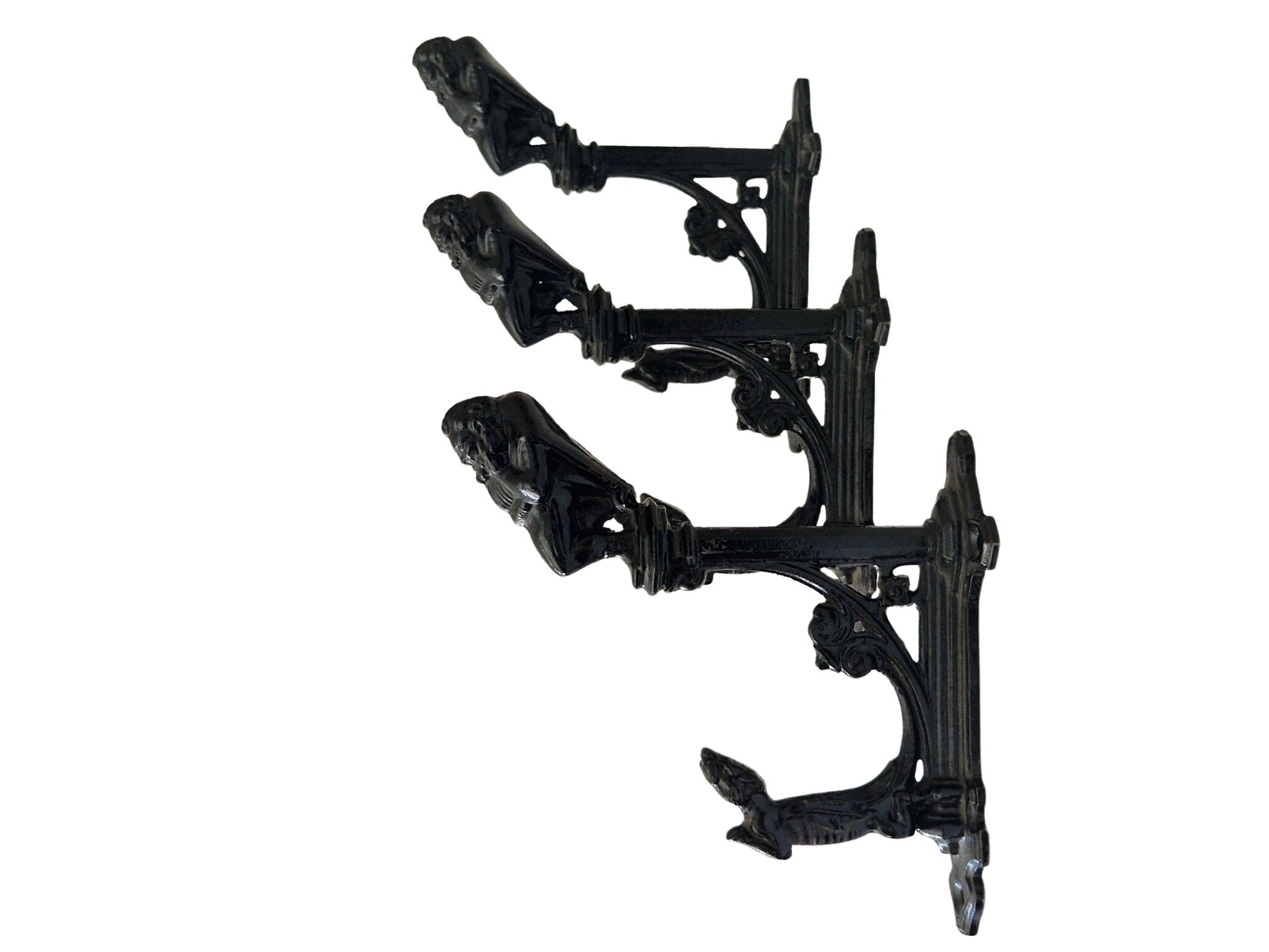 French Cast Iron Coat Hooks with Gargoyle Figures, Set of 3, Gothic