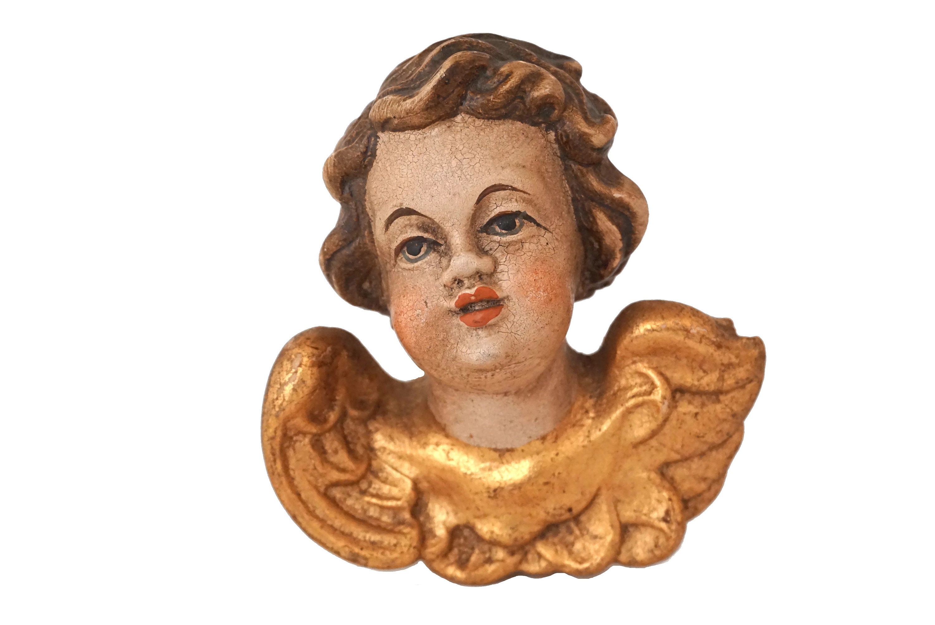 Hand Carved Cherub Putti Head Figurines, German Wooden Christmas Angel