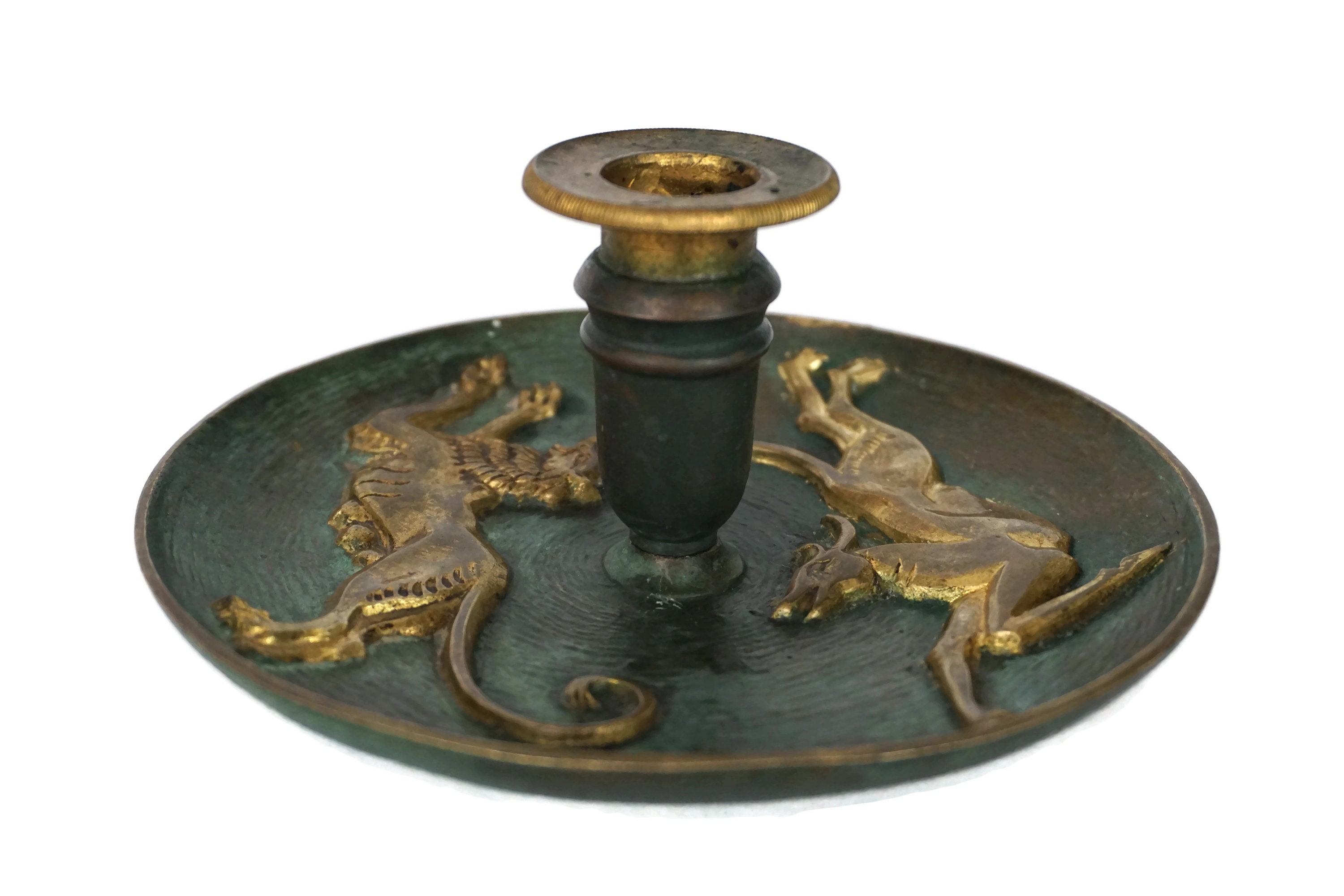 French Brass Candlestick Holder with Lion and Antelope Figures, Candle