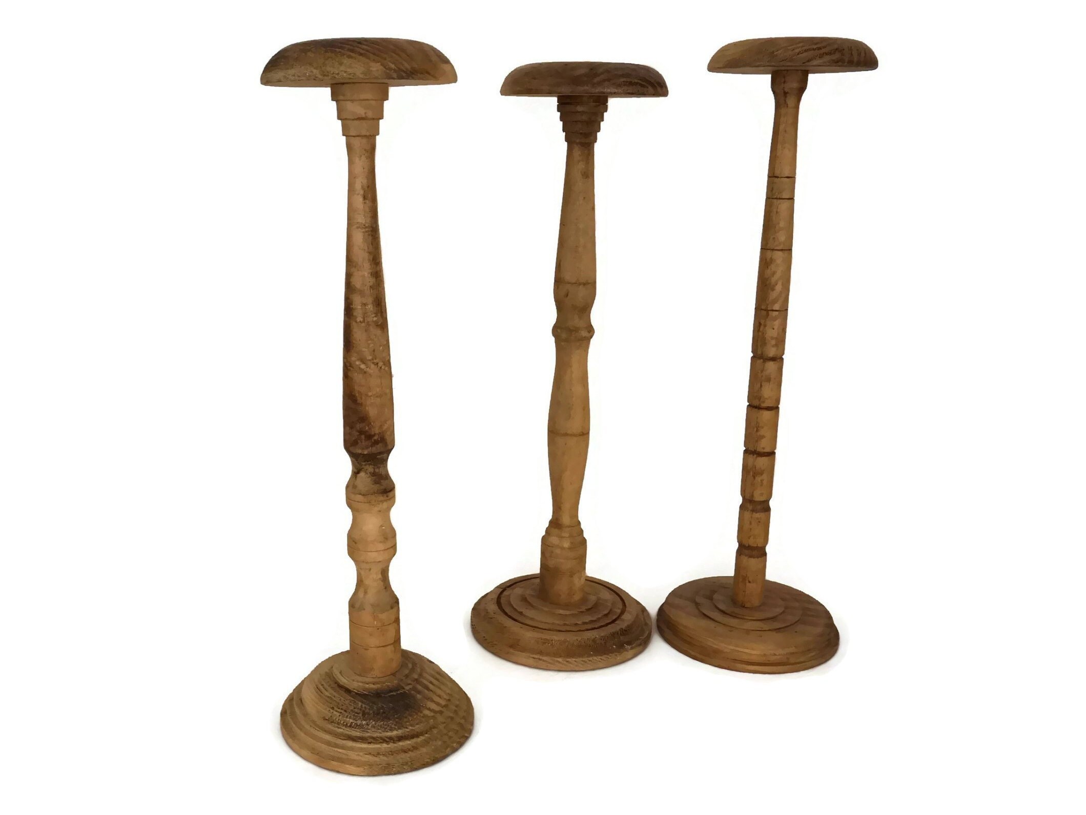 French Vintage Hat Display Stands Set of 3, Vintage Wood Hat Stand