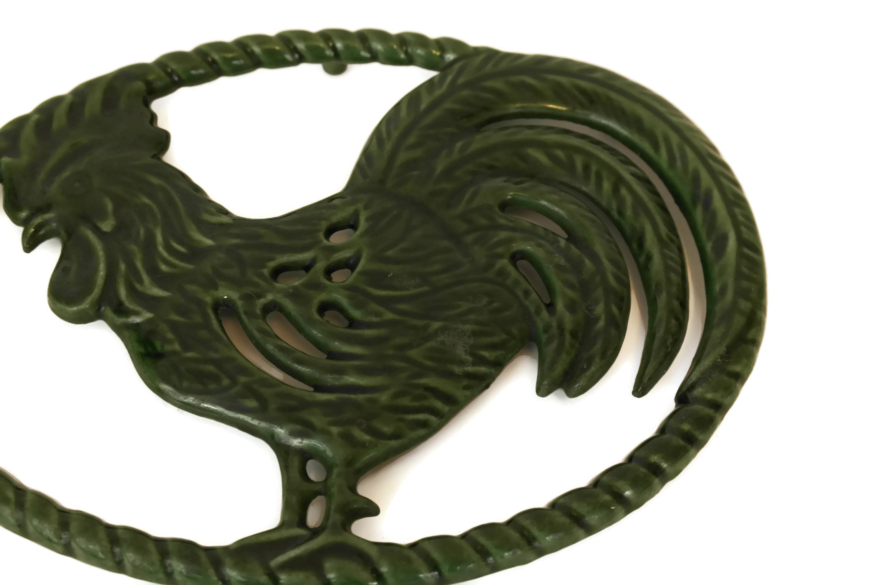 French Enamel Rooster Trivet. Vintage Pot Rest. Country Cottage Green