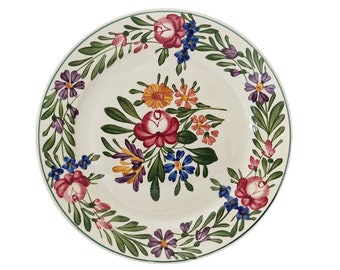 French Faience Plate with Hand Painted Folk Art Flowers by Sarreguemines in Rustica Pattern, Rustic Pottery Tableware