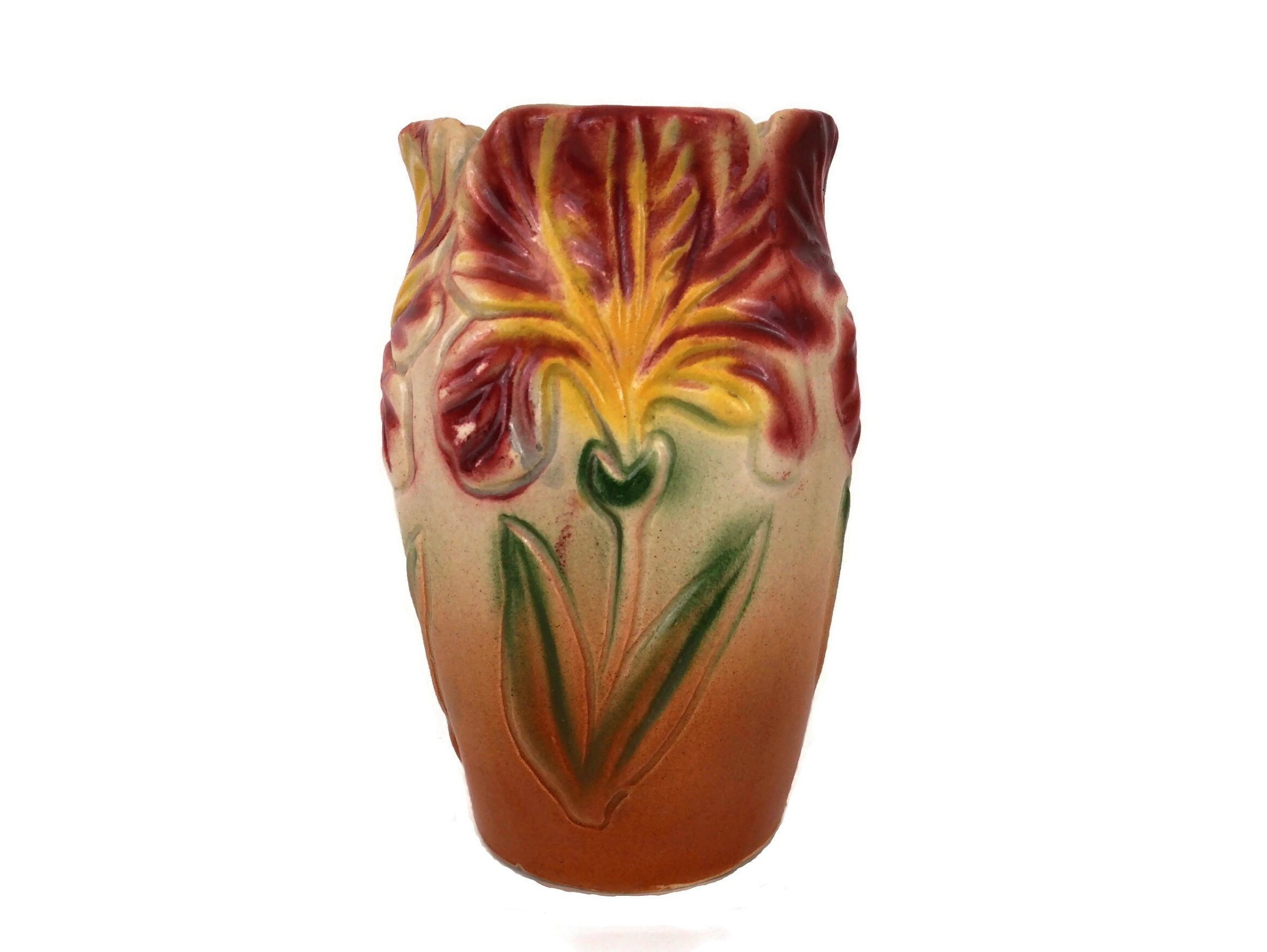 Art Nouveau Iris Flower Vase, Antique French Majolica