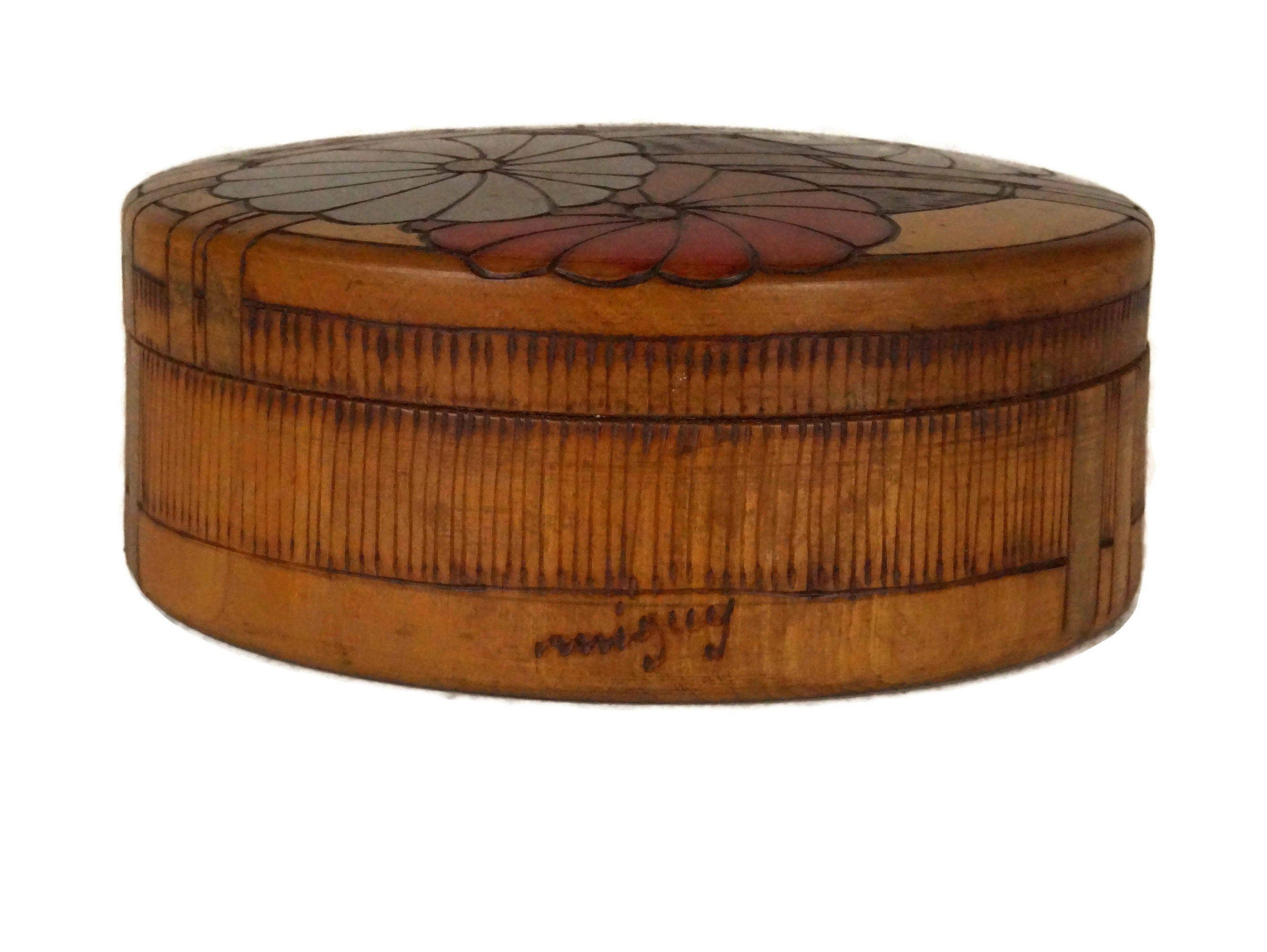 Art Deco Wooden Flower Box, Hand Carved French Jewelry and Trinket Dish