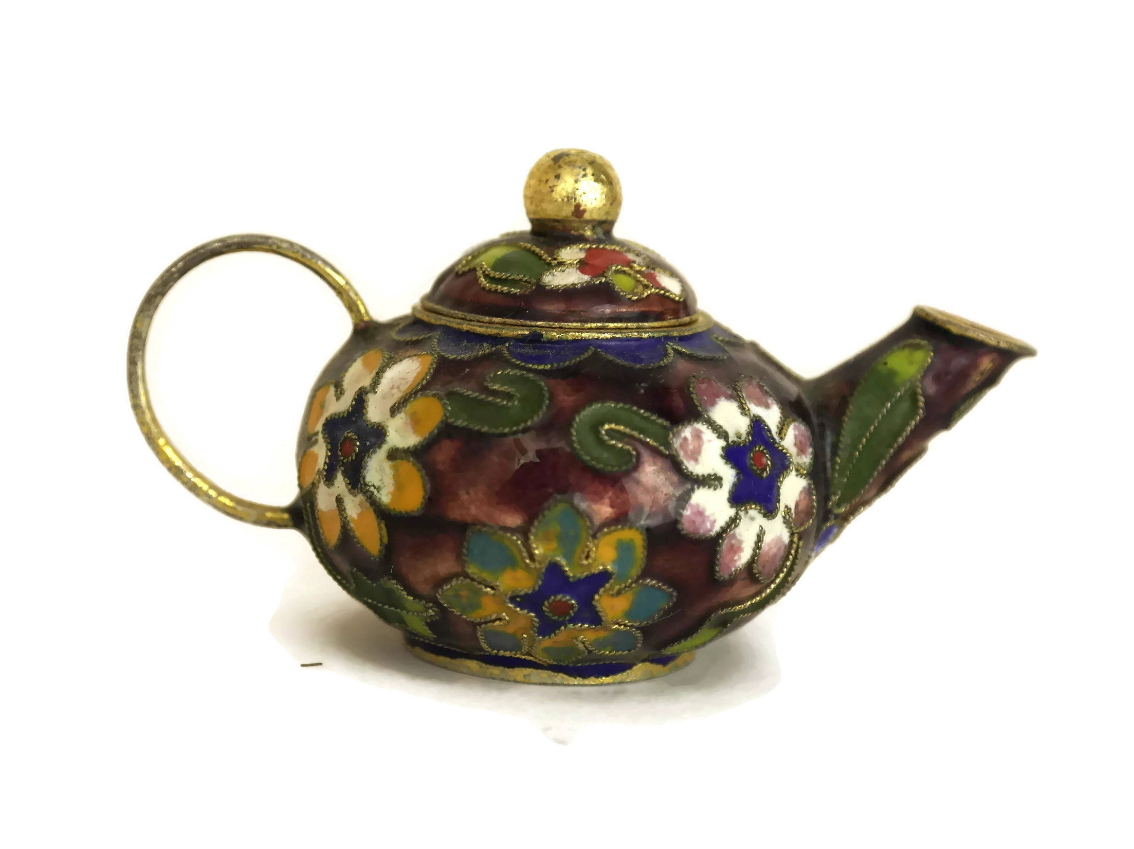 Miniature Cloisonne Teapot Collectible. Chinese Enamel and Brass