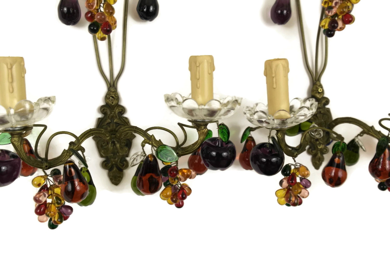 Pair of Antique French Chandelier Wall Sconces. Multi Color Glass Fruit