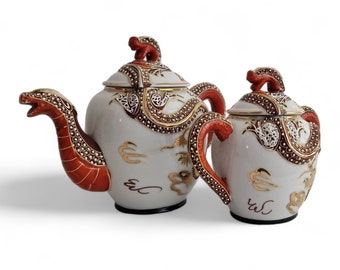 Vintage Japanese Moriage Dragon Teapot and Sugar Bowl Set, 1950s Dragonware Porcelain