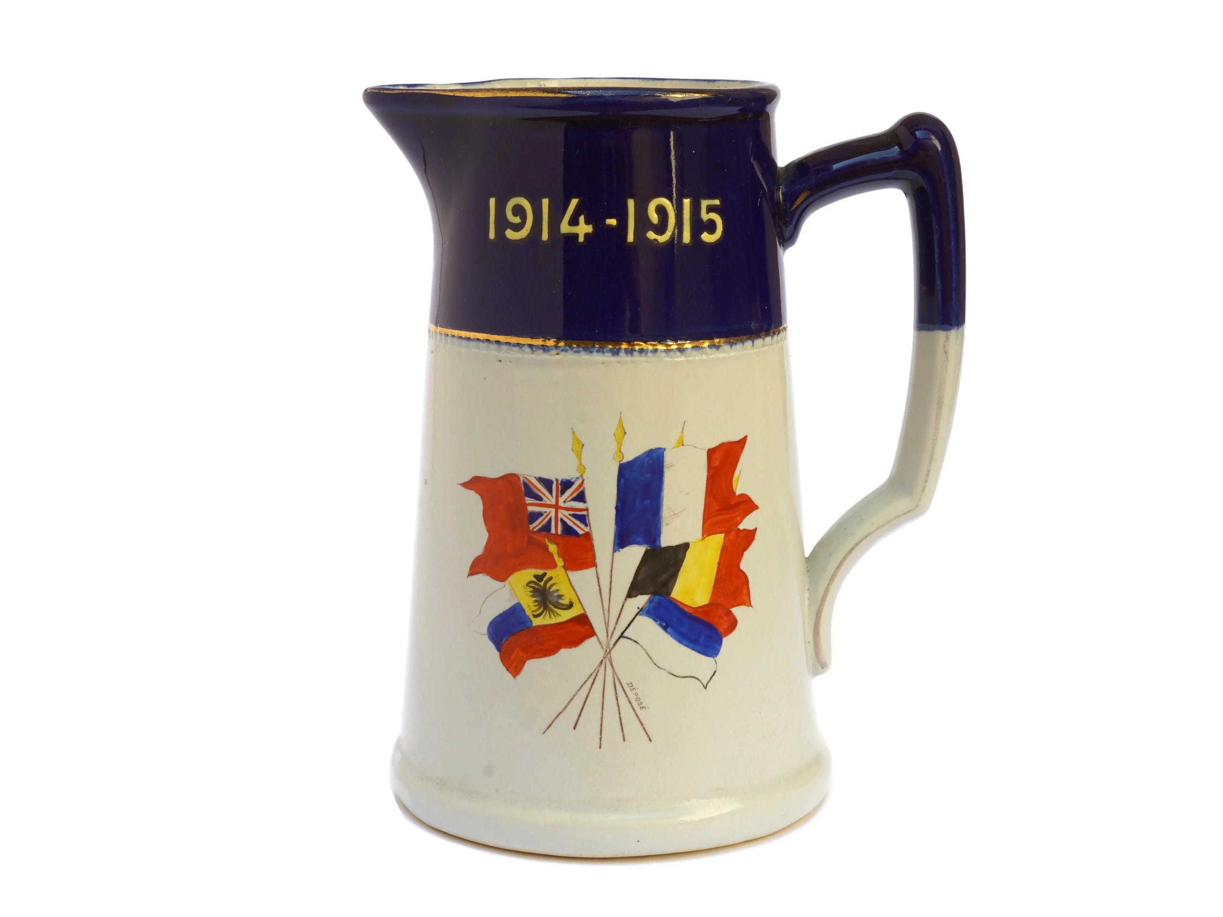 WW1 Military Collectible Stoneware Pitcher, French Pottery Jug