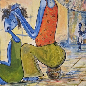 African Mother and Child Painting, Modernist Blue Women Wall Art image 7