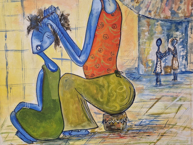 African Mother and Child Painting, Modernist Blue Women Wall Art image 7