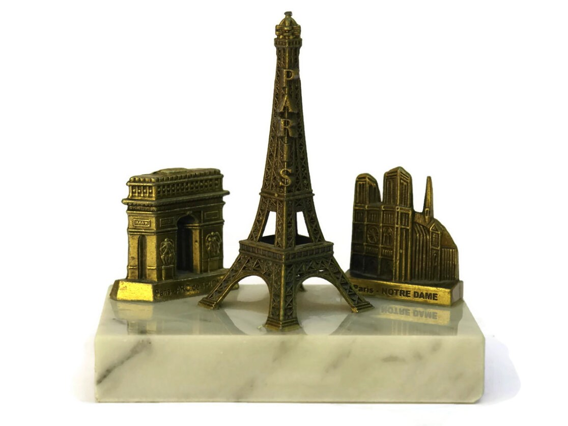 Paris Souvenir Paperweight. Vintage Eiffel Tower Figurine on Marble