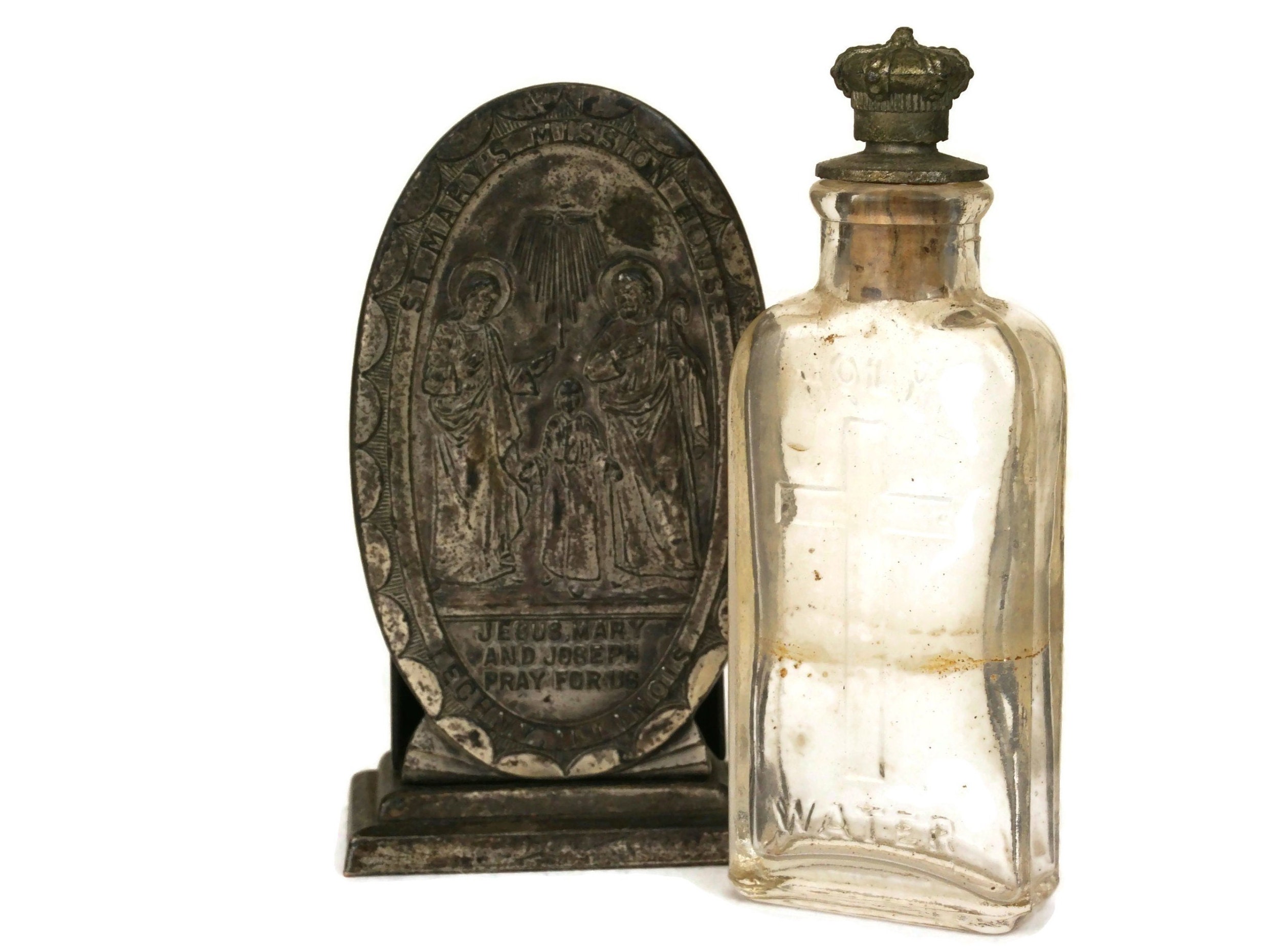 Antique Holy Water Glass Bottle with Stand from St Mary’s Mission House